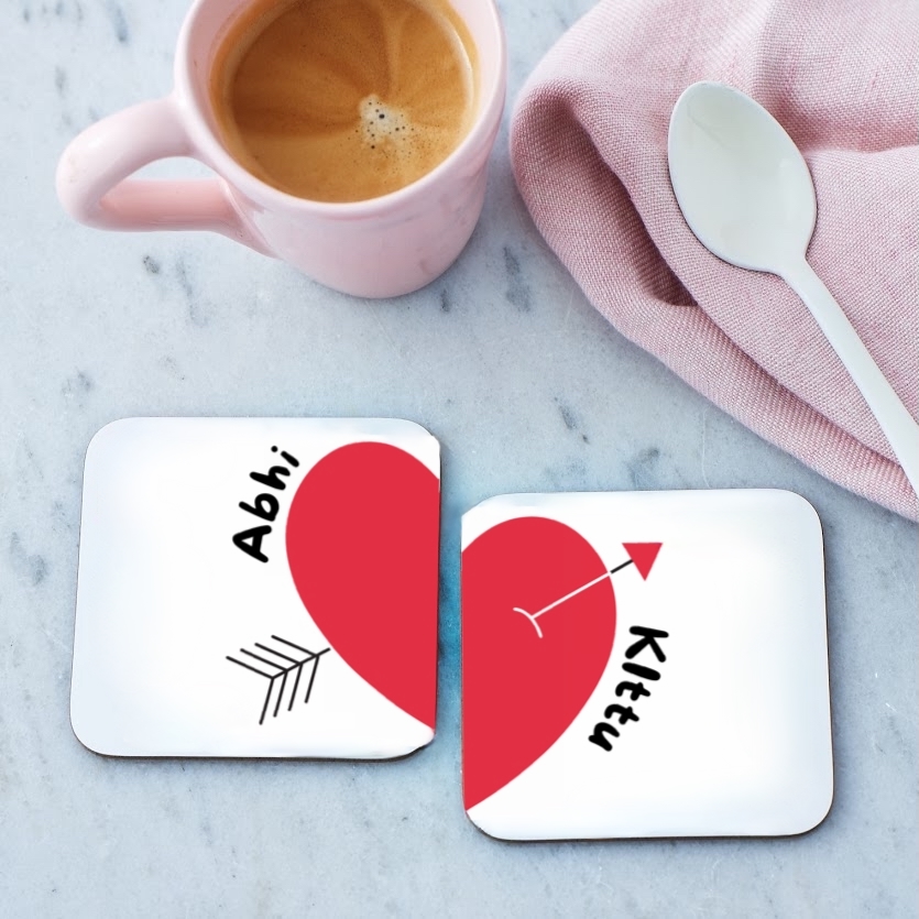 Photo coasters with your name on the table for valentines gift