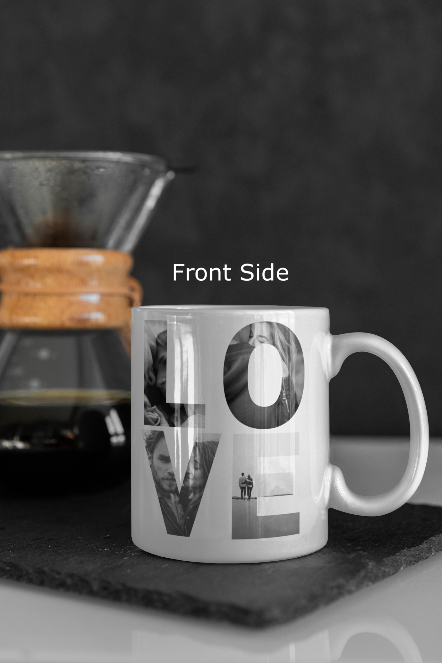 couple having coffe in personalised coffee mugs