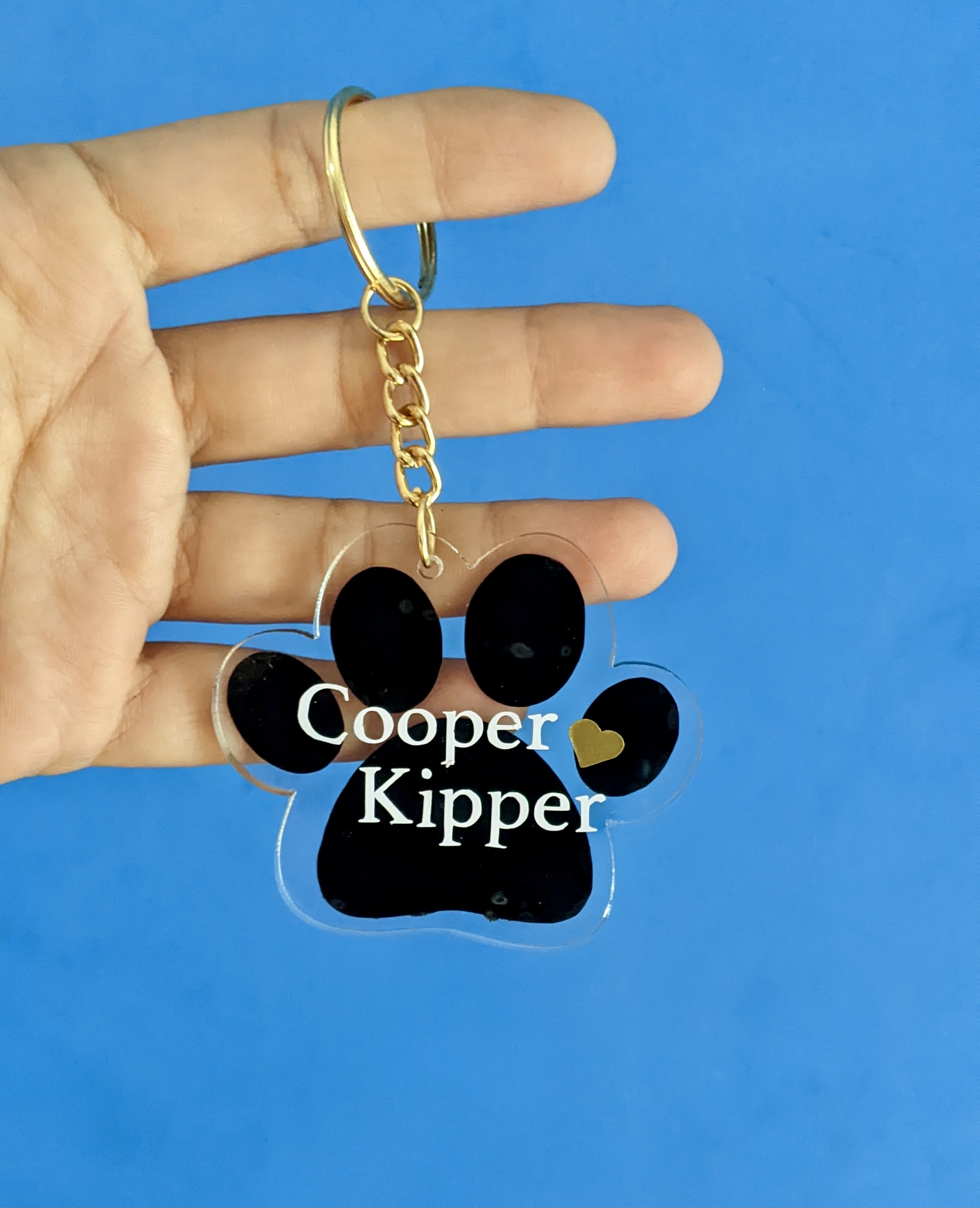 Pet paws and name on the keychain for hanging keys