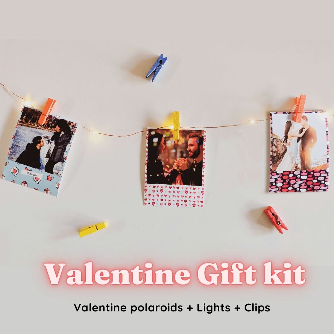 Valentine special polaroids decor with fairy lights hanging with clips on wall fro valentine decor